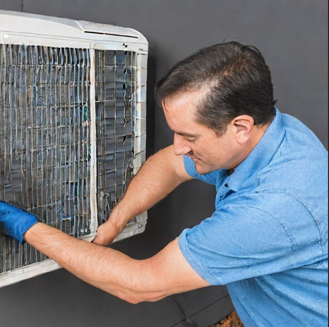 AC maintenance technician inspecting an outdoor unit