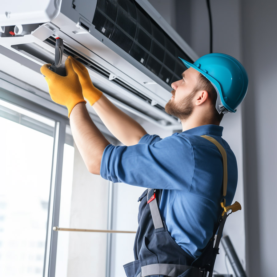 AC repair service technician working on an air conditioning unit
