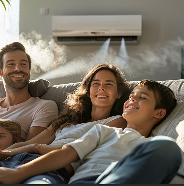 Happy family enjoying a cool and comfortable living room thanks to reliable AC maintenance services in Qatar.