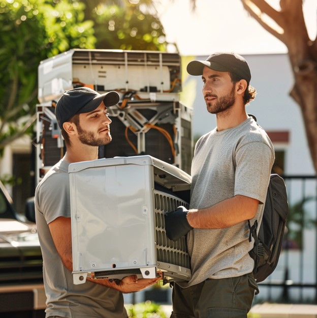 Two technicians carefully carrying an air conditioning unit